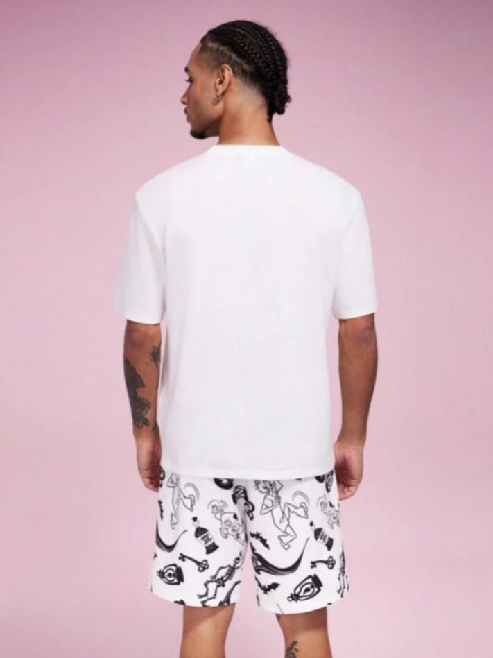 Uptown Funky Men's Casual Loose Knit Slogan Graphic White Short Sleeve T-Shirt & All Over Print Short Sleepwear Set